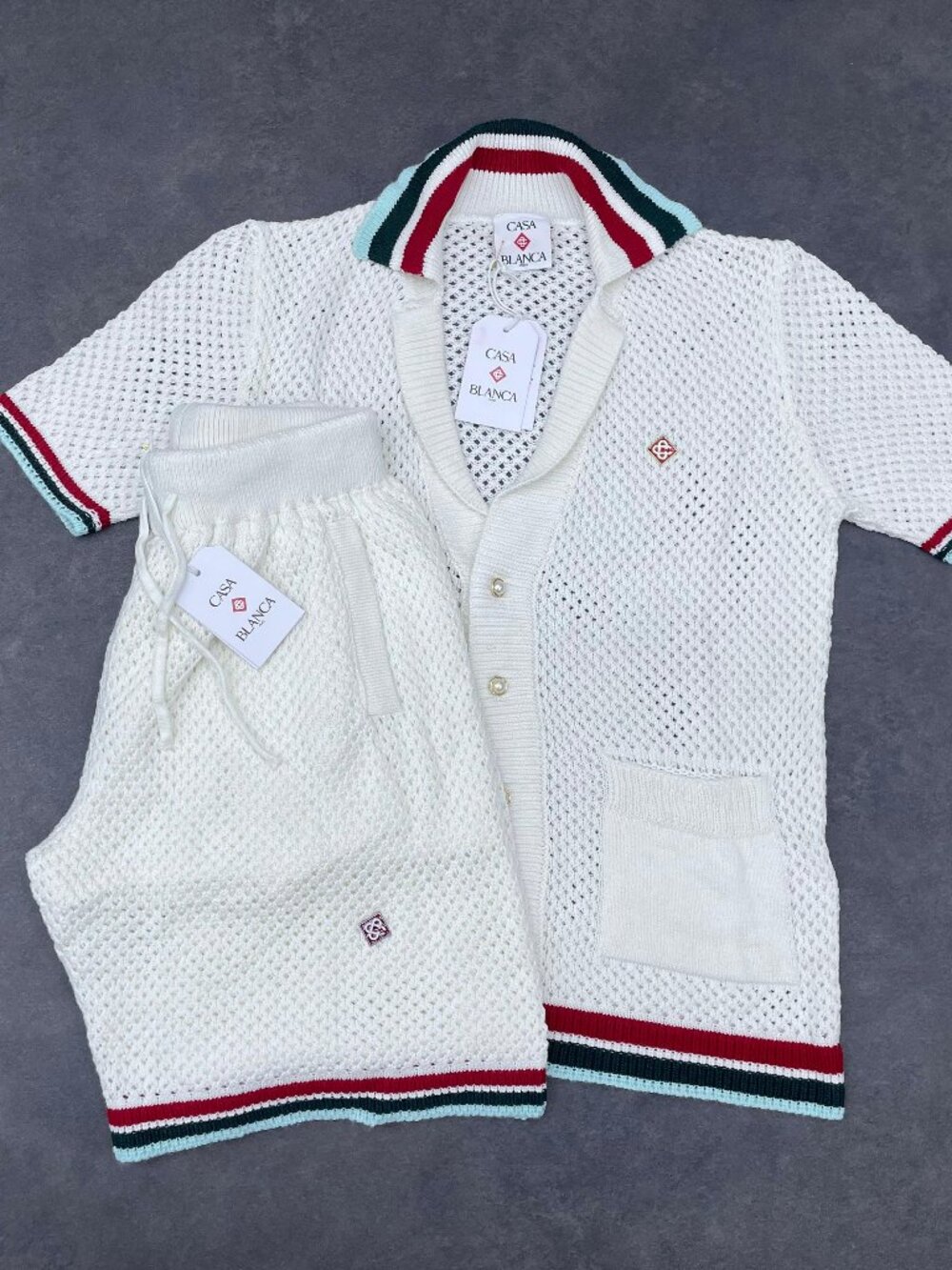 Casablanca Men's White Knit Shirt & Shorts Set- Size Small